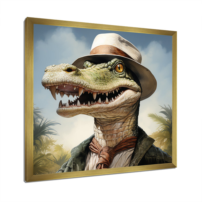 «Alligatorin suit II» - Art mural animal crocodile, Cadre doré simple, H 16 po x l 16 po x P 1 po