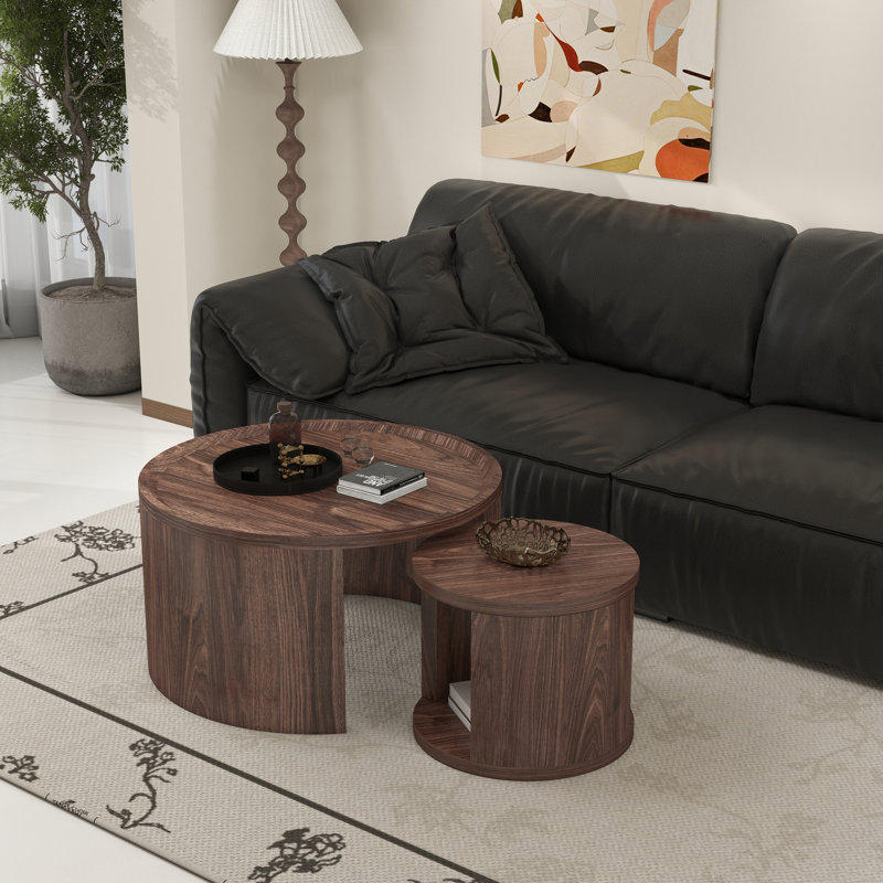 Ensemble de tables basses gigognes 2 pièces avec plateau surélevé, Noyer