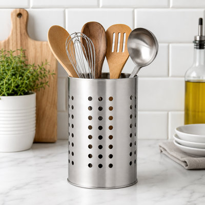 Satin Stainless Steel Kitchen Utensil Holder with Ventilation Holes Countertop Cooking Tool Organizer