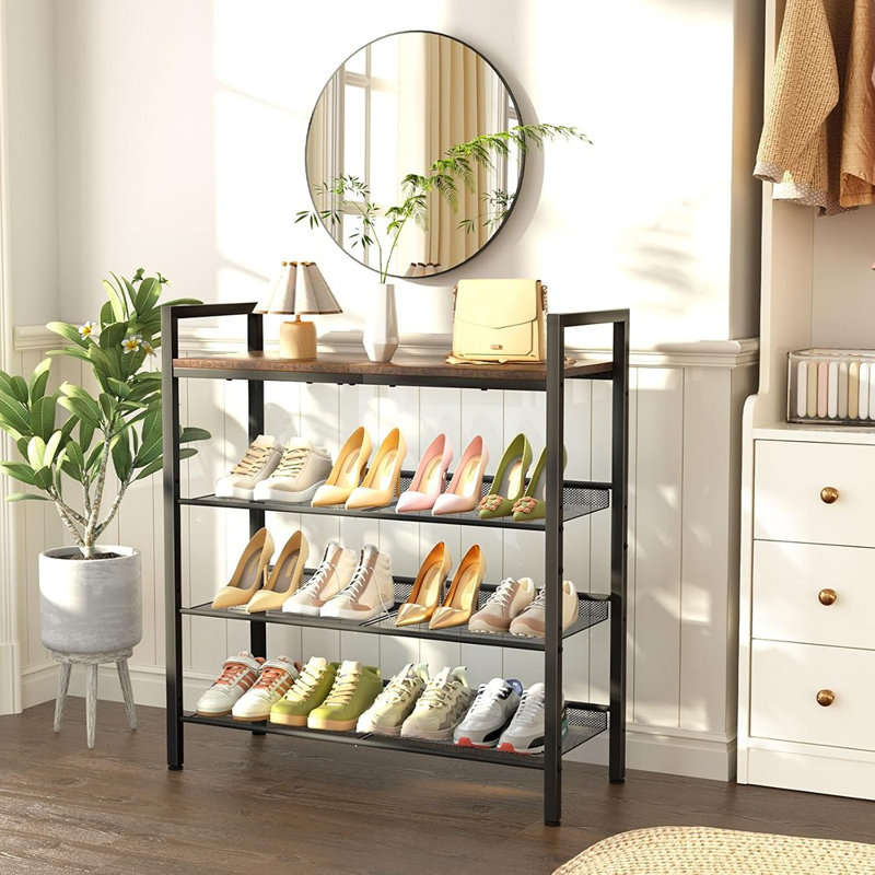 Étagère à houe pour porte d'entrée, étagère à chaussures à 4 niveaux pour l'entrée, 12 à 16 paires de chaussures, étagère à chaussures en métal