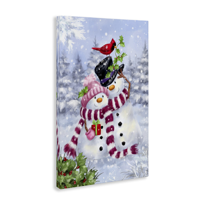 «Happy Snowman & Cardinal», art mural sur toile par Jean François, H 30 po x l 20 po