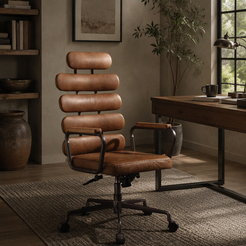 Fauteuil de bureau pivotant brun rétro avec vérin pneumatique, massage à six points et chauffage lombaire pour un confort et un soutien optimaux.