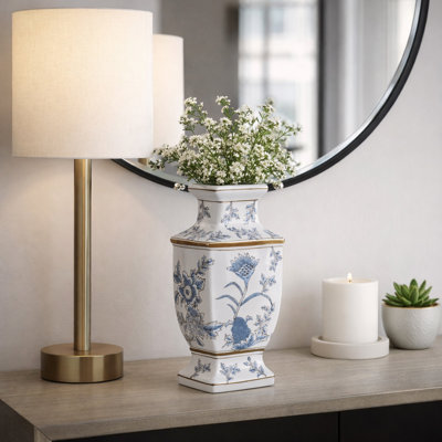 Decorative Ceramic Vase with Floral Pattern for Home Decor - Modern Flower Vase for Dining Room Table - 15", Brown & Blue
