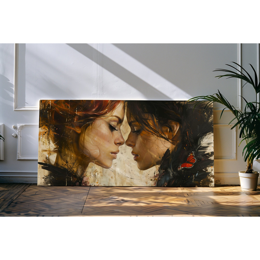 Wandbild 120x60cm Porträt von zwei jungen Frauen Kunstvoll Kuss Liebe