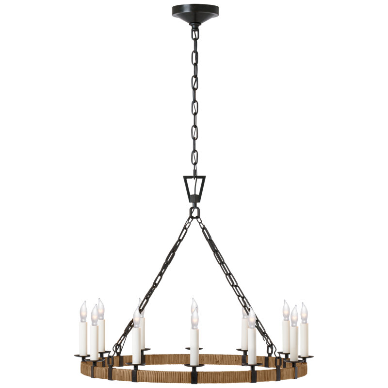 Darlana 12 - Light Wagon Wheel Chandelier, 24.5" H x 30" W x 29" D, Aged Iron/Natural Rattan