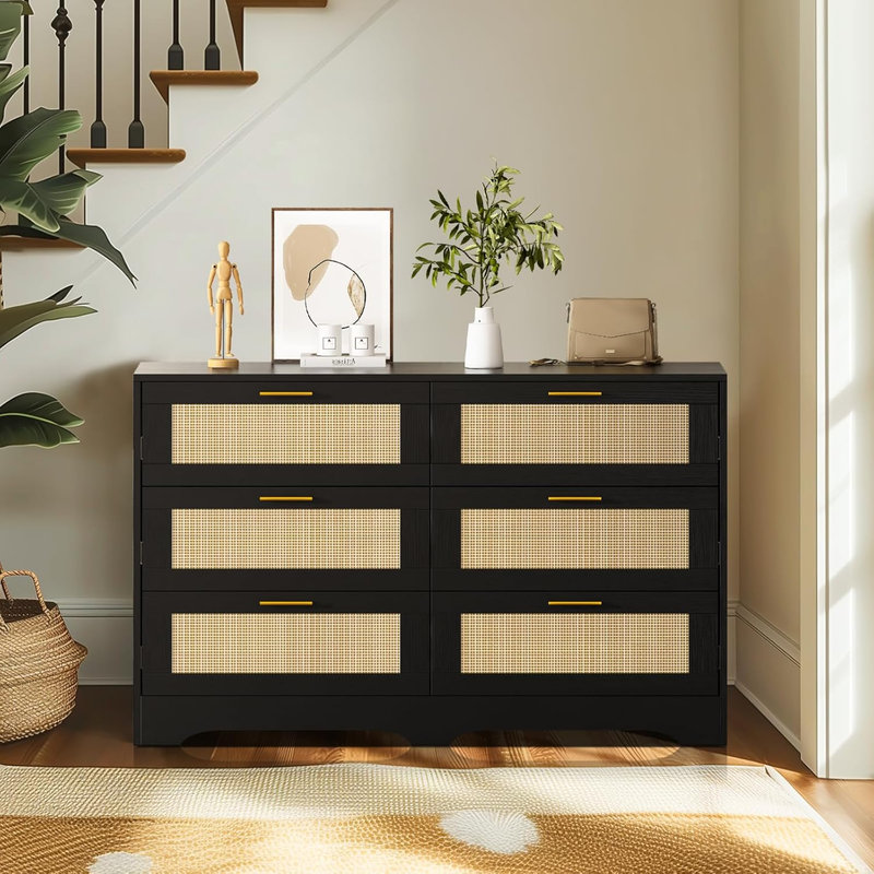 Commode élégante en rotin à 6 tiroirs - Rangement polyvalent, Noir