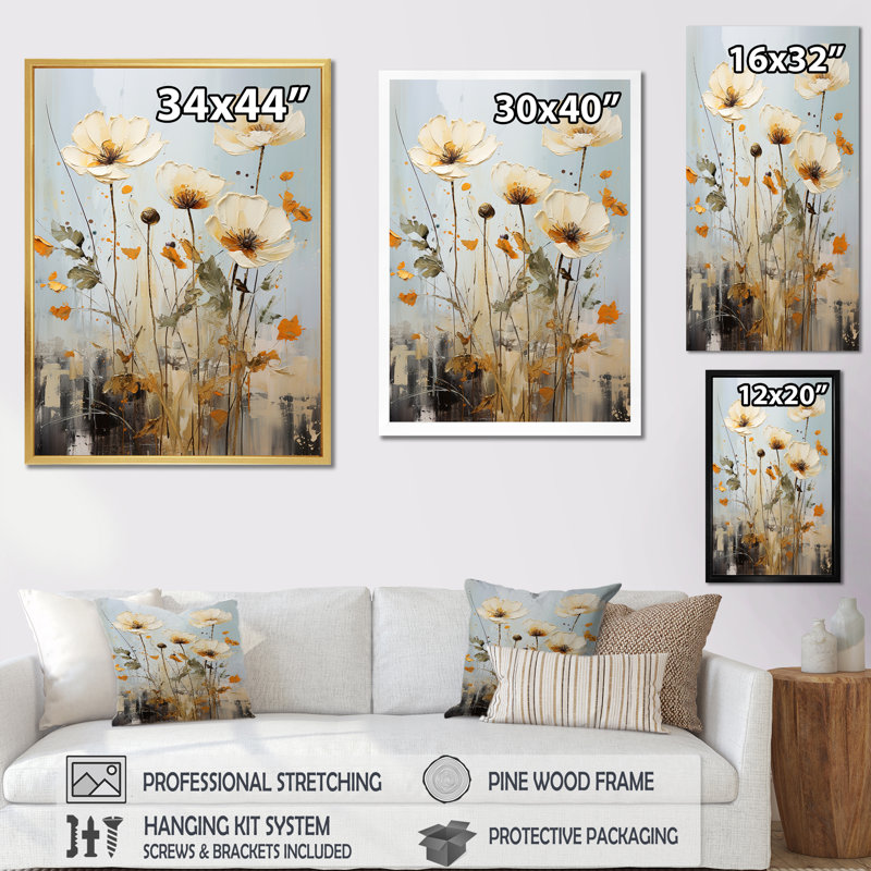 Minimalisme beige, fleurs sauvages et prairies, Cadre flottant doré, H 40 po x l 30 po