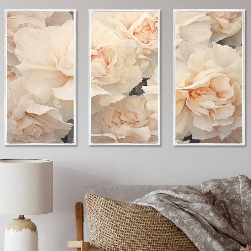 «Beige Carnations Arrangement V», ensemble d'art mural, H 40 po x l 60 po x P 1 po, Cadre flottant blanc