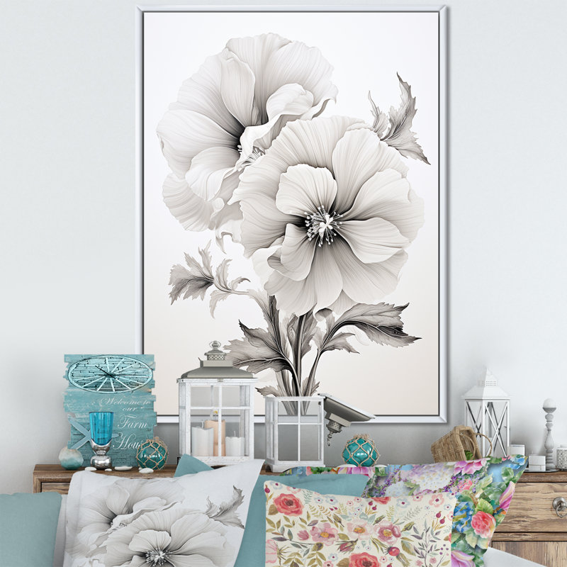 «Gray Timeless Minimalisme Hibiscus», reproduction sur toile, Cadre flottant blanc, H 40 po x l 30 po x P 1,5 po