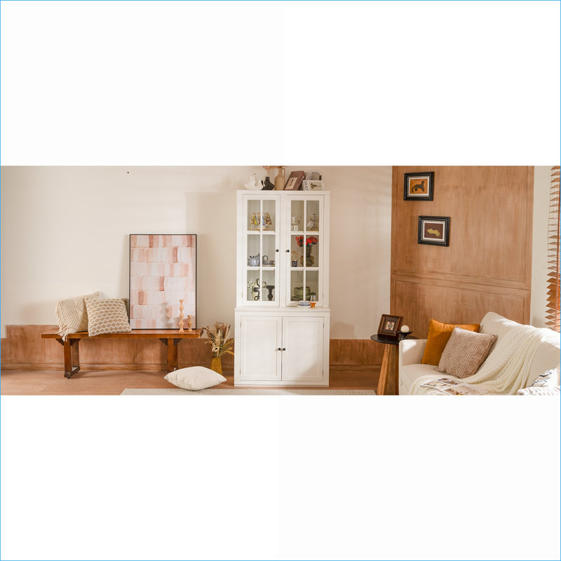 Armoires | Grand garde-manger autoportant 75,25 po, blanc neige, porte en treillis de verre, rangement réglable | Maison de campagne | Salon