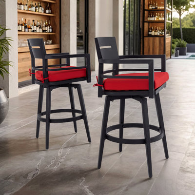 Ensemble de 2 chaises de bar pivotantes d'extérieur modernes, cadre en aluminium noir Ember, pivotant à 360 °, dossier et accoudoirs ergonomiques, pieds fuselés, coussin Sunbrella, résistant aux intempéries et durable