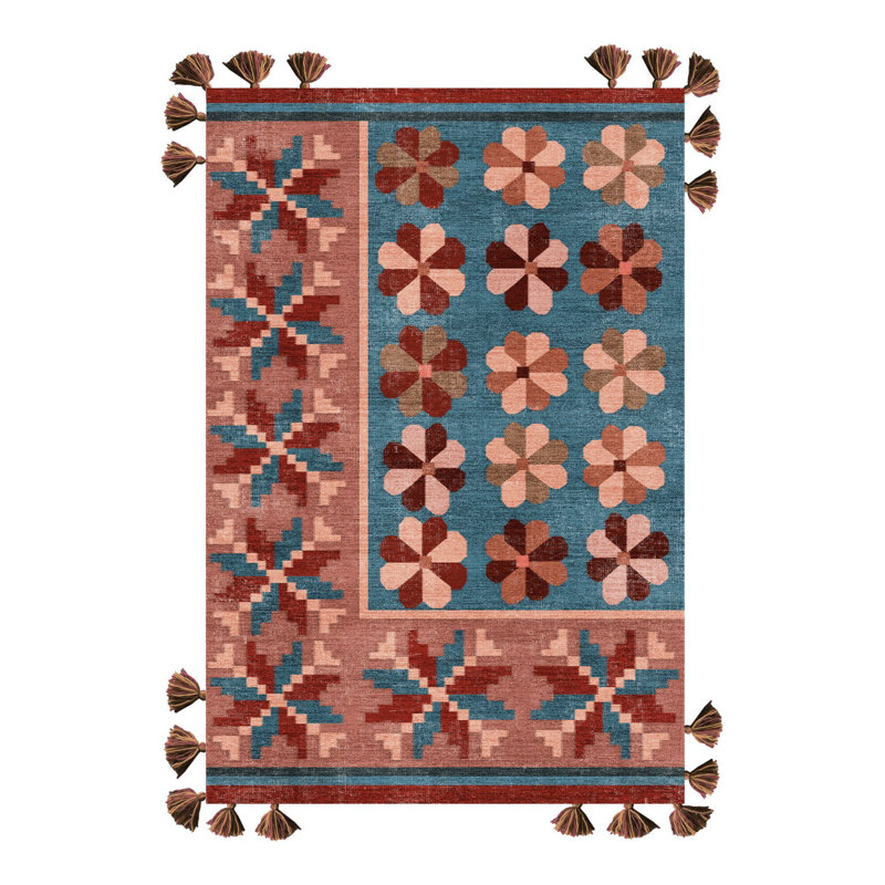 Tapis tissé à franges Salmon, Rectangle 3 pi 9,81 po x 6 pi 6,74 po