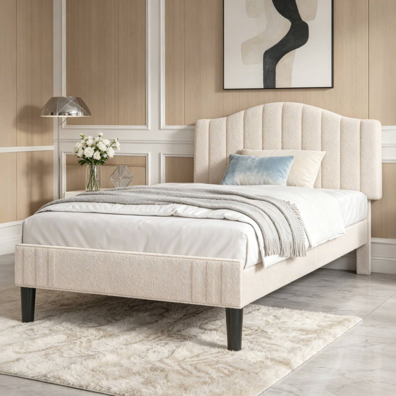 Lit plateforme simple avec tête de lit ajustable en tissu Aldora, Beige