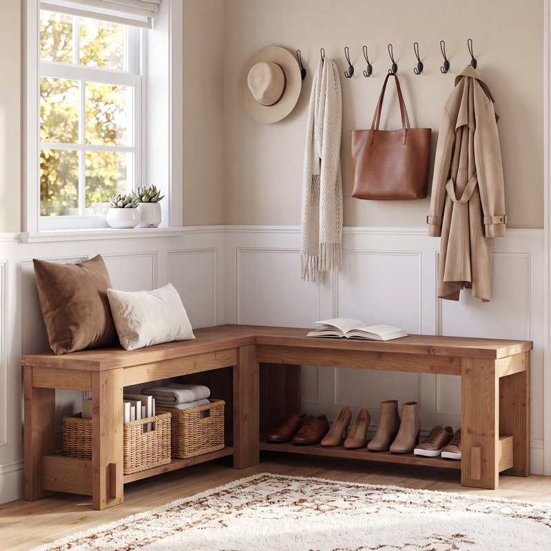 Banc à chaussures de coin en bois massif en forme de L avec tablette de rangement
