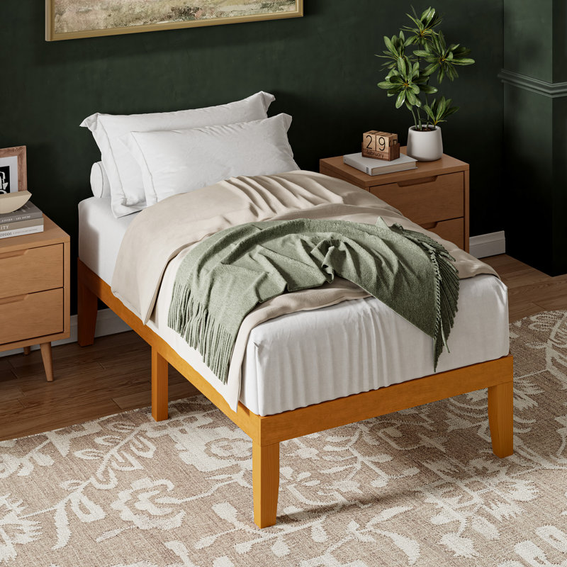Lit plateforme en bois massif avec ensemble de lattes Avelyn, Lit simple, Naturel, 12''
