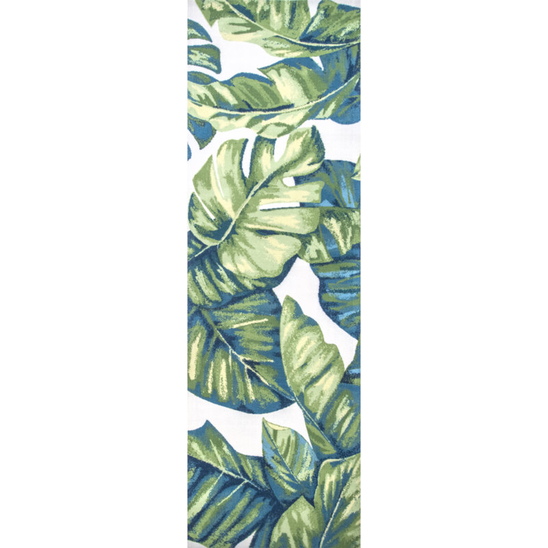 Commer Tropical Leaf Green Indoor/Outdoor Patio Rug, Runner 2'6" x 8'