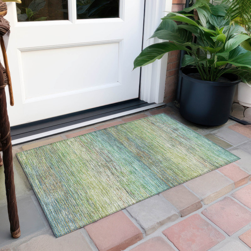 Machine Washable Green and Blue Synthetic Stripe Rug