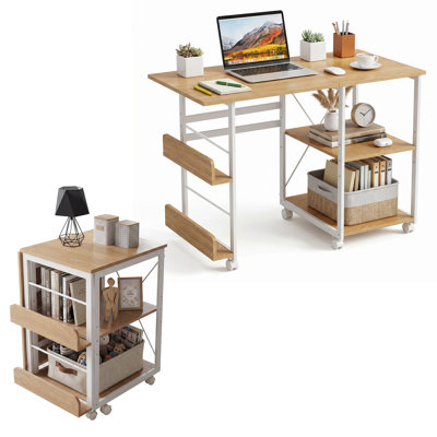 Bureau d'ordinateur pliable à roulettes, table d'écriture mobile et peu encombrante pour bureau à domicile - Étagère de rangement, organisateur latéral, roulettes pivotantes avec freins - Bois naturel