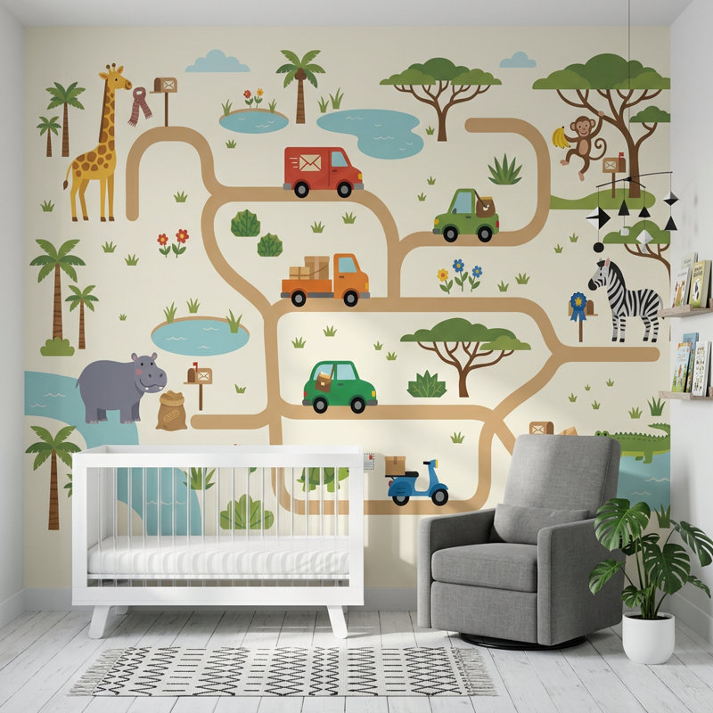 Caricature de carte de dessin animé, décoration murale amovible Safari lumineux, Texturé non collé, 160 po x 108 po