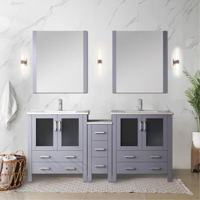 Gris foncé foncé de 72 po Meuble-lavabo double W, armoire latérale incluse, comptoir en céramique blanche, structure en bois massif, système de tiroir à fermeture en douceur, 2 armoires de rangement, 7 tiroirs, comptoir à rayures en gris, l