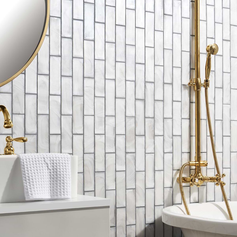 Magico 12x12 Iridescent Polished Glass Mosaic Tile, Pearly White