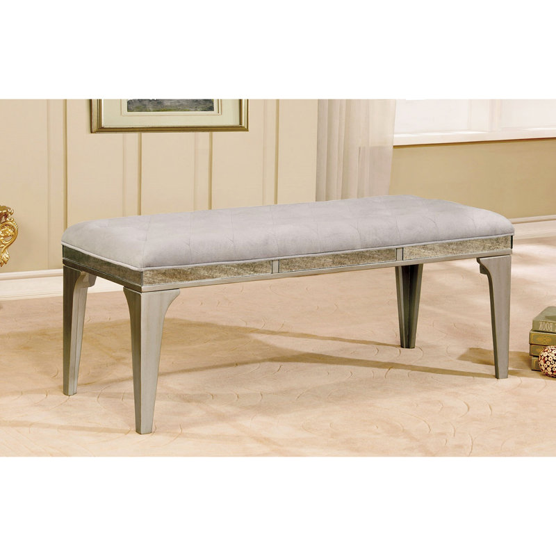 Transitionnel, banc de 1 pièce, coussin en flanelle, dossier de chaise à boutons, argent et gris, salle à manger, finition gris bois massif,
