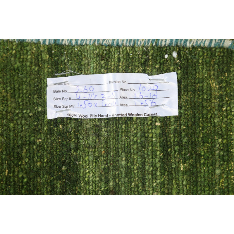 Tapis vert / beige en laine noué à la main de conception unique 3 pi 5 po x 4 pi 11 po New Age