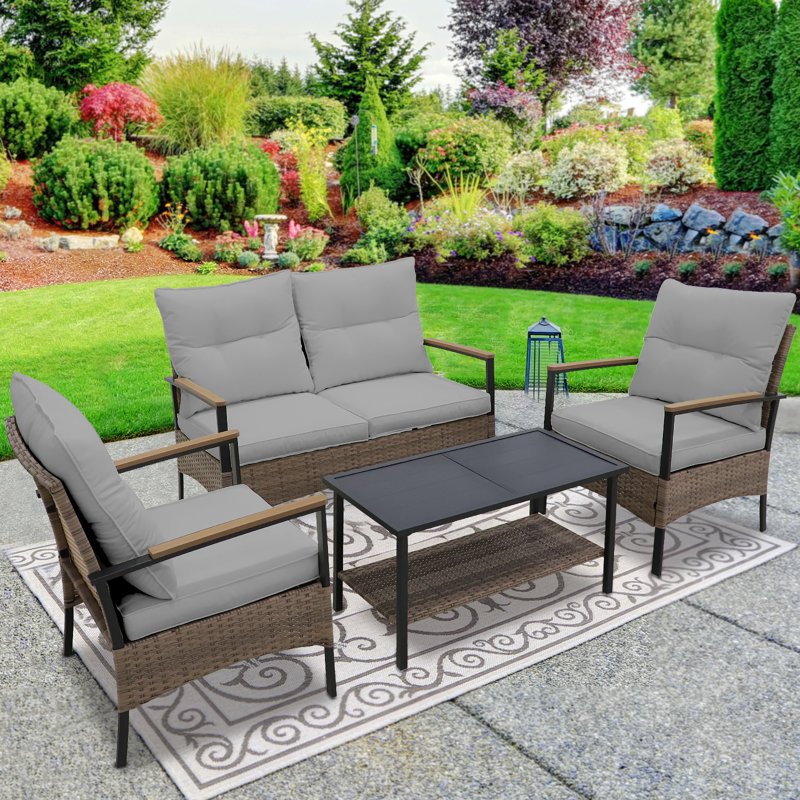 Ensemble de conversation d'extérieur pour 4 personnes avec coussins , Gris