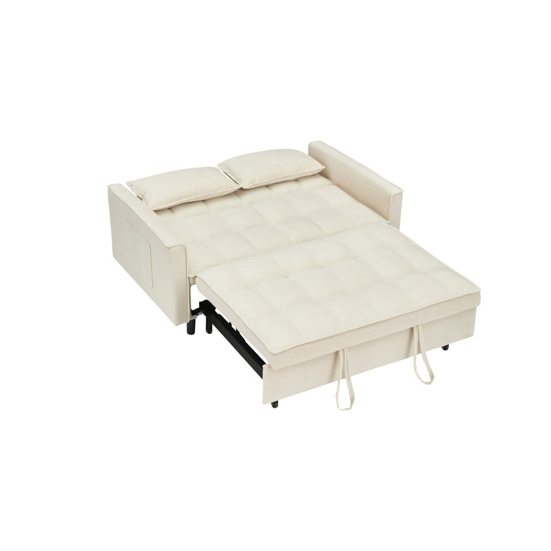 Lit escamotable en velours, coussins confortables, pour chambres d'amis, lit de salon convertible 3 en 1 beige, rembourrage en éponge, pieds en métal, 2
