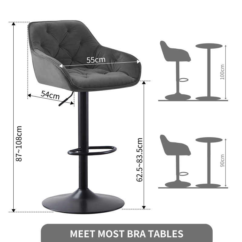 Kafka Velvet Upholstered Adjustable Swivel Bar Stools, Grey