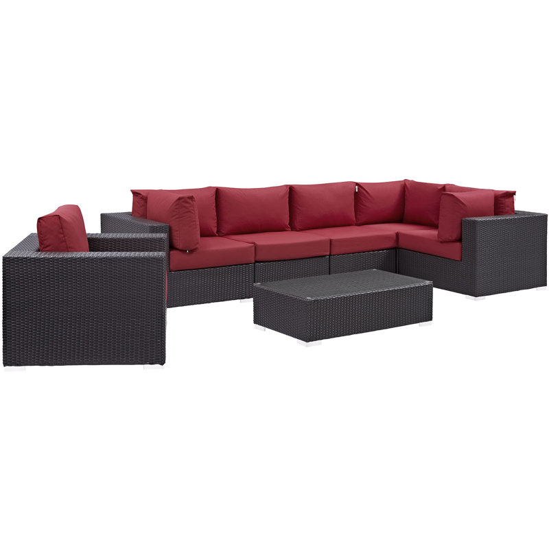 Modway Convene Wicker Rattan 7-Piece Outdoor Patio Sectional Sofa Furniture Set, Red