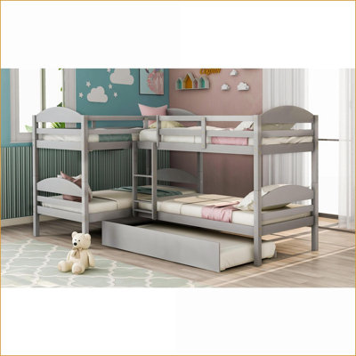 Lit simple superposé en L en pin massif avec lit gigogne gris - pour 5 personnes, aucun sommier n'est requis pour les soirées pyjama en famille