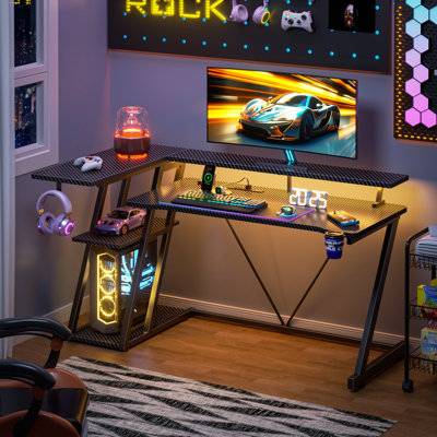47"W Gaming Desk With Monitor Stand & Cpu Stand,Computer Desk With Power Outlet & RGB LED Lights,Home Office Desk With Cup Holder & Headphone Hook