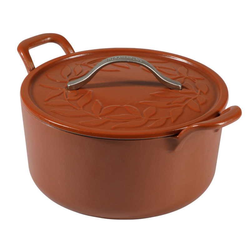 Bloomhouse 7 Qt Cast Iron Dutch Oven w/ Lid, European Enamel, & Walnut Wood Trivet - Oat White, Orange