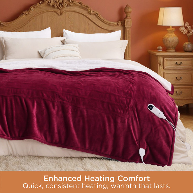Electric Blanket - Dual Control Heated Blanket, Fast Heating with 10 Time Settings & 10 Heat Settings, Queen, Classic Winery