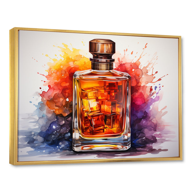 Orange orange bouteille de parfum 1 - Parfums, art mural, H 30 po x l 40 po x P 1,5 po, Cadre flottant doré
