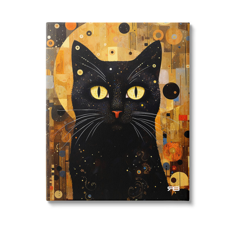 "Chat noir avec motif moderne" par RB sur toile, H 40 po x l 30 po
