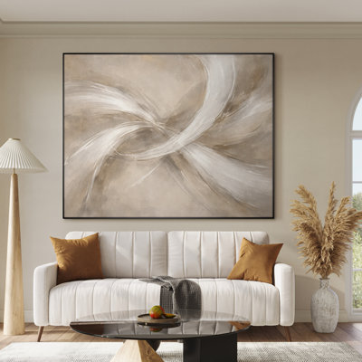 Très grand, reproduction d'art sur tissu beige - formes abstraites fluides, décor de salon contemporain - «Assemblage requis du cadre (cadre non fini)»