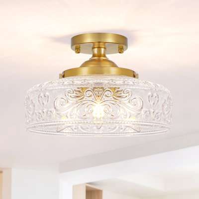 Vintage Brass Gold 3-Light Semi Flush Mount Ceiling Light Fixture with Etched Clear Glass Shade