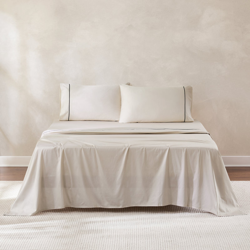 Linear Cotton Sheets French Oak 4 Piece Set King, Beige, King Sheet Set