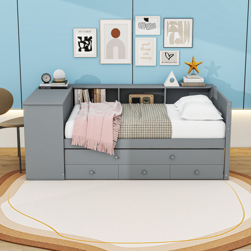 Lit de jour à trois tiroirs en bois avec couchette et tablettes latérales, Lit simple, Gris