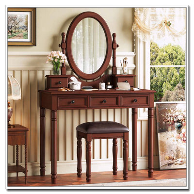 Vanity Desk with Adjustable Angle Mirror, Vintage Vanity Makeup Table and Cushioned Stool Set