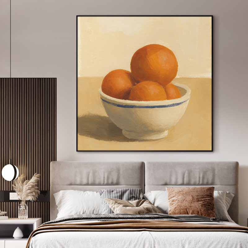 Très grand art de nature morte rétro - Oranges dans un bol blanc, décoration traditionnelle pour le salon ou la cuisine, impression d'art mural très grand encadré (assemblage requis)