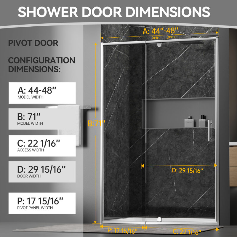 44-48＂W X 71＂H Semi-Frameless Pivot Swing Shower Door with 1/4＂Tempered Glass, Brushed Nickel