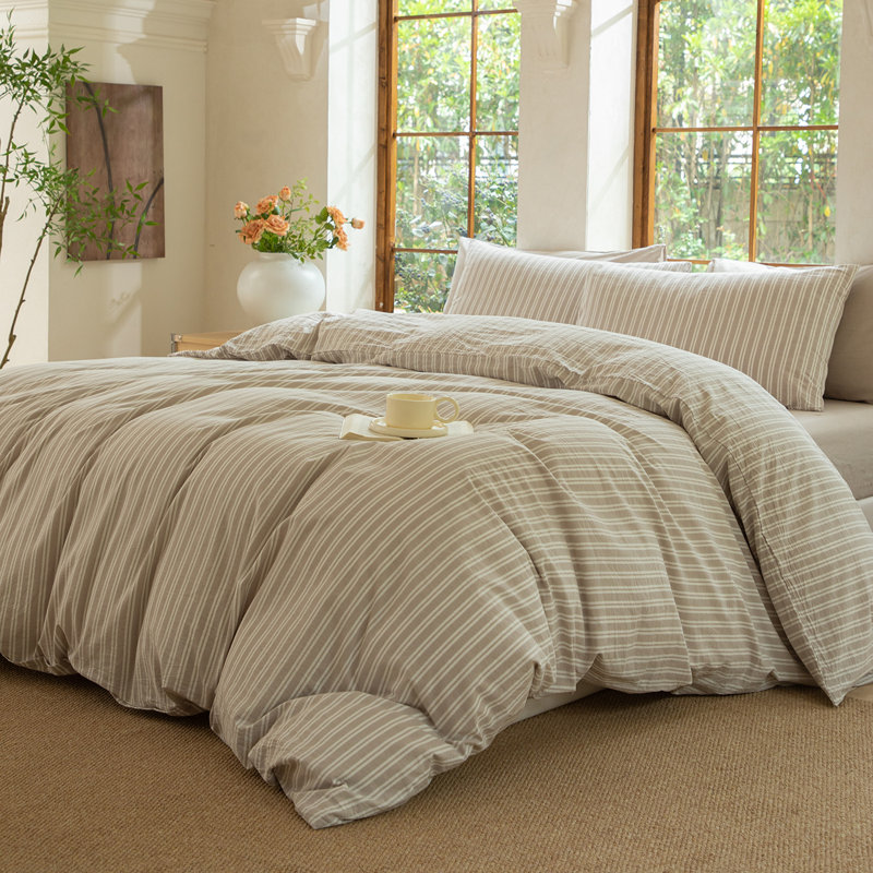 DONEUS Striped Duvet Cover Set 100% Washed Cotton Linen Like Soft Feelling Breathable Bedding, Beige/White Striped