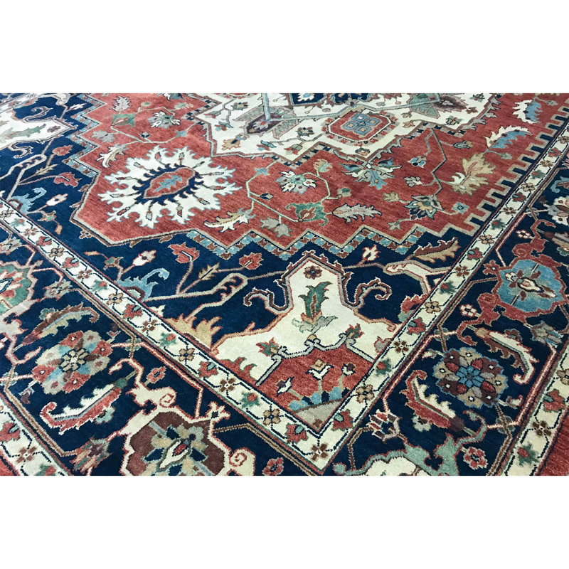 Tapis rouge et bleu noué à la main de haute qualité