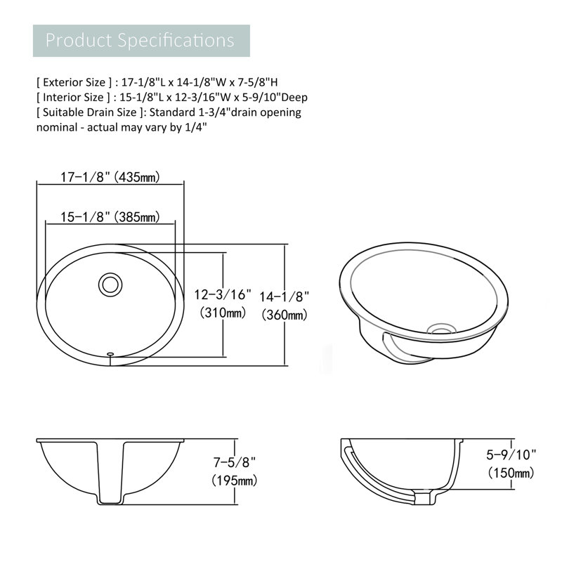 MEJE 17" White Ceramic Oval Undermount Bathroom Sink