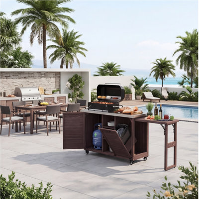 Îlot de cuisine 78,3 po avec table de barbecue pliable, plateau en acier inoxydable, rangement pour poubelles et roues verrouillables, bois brun foncé