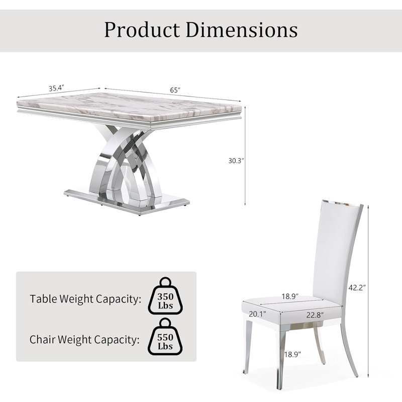 Ensemble de table de salle à manger 7 pièces blanc et argent avec 6 chaises en velours blanc, 7 pièces : table, 6 chaises