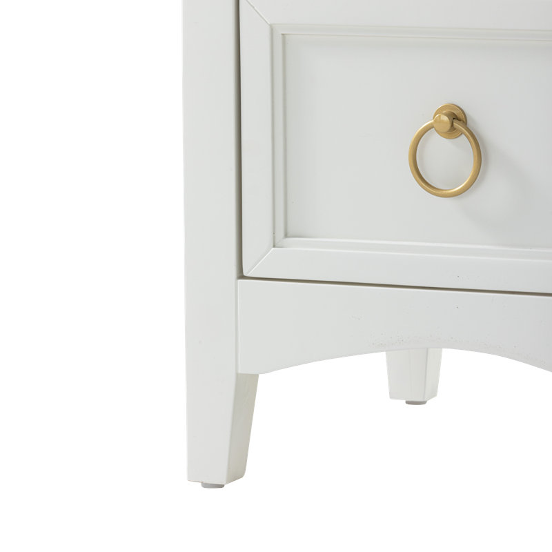 Farmhouse Assembly Required White 3-Drawer Dresser Chest, Vintage Nightstand With Bronze Metal Ring Handles
